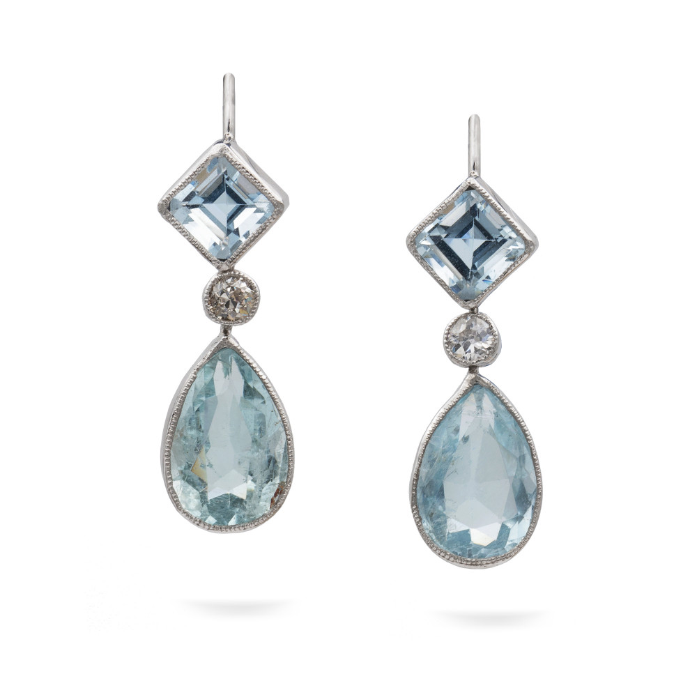 A Pair of Aquamarine and Diamond Drop Earrings