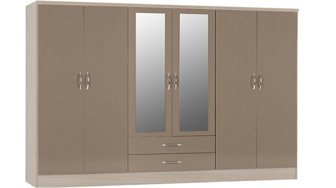 Nevada 6 Door 2 Drawer Wardrobe with mirrors in Oyster Gloss/ Light oak Effect Veneer - Flat Pack Wardrobe