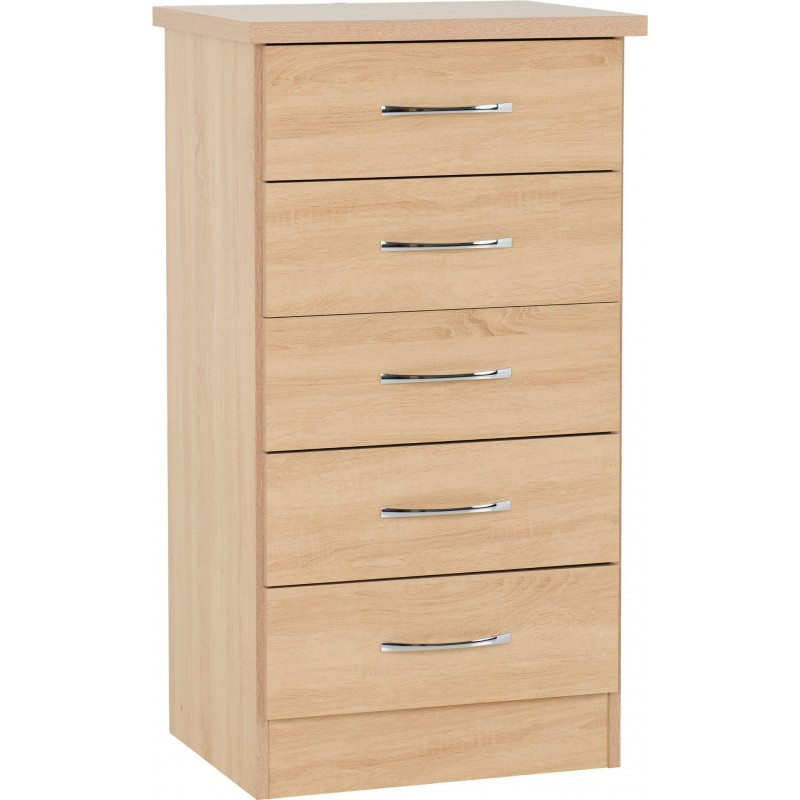 Nevada 5 Drawer Narroe Chest of Drawer in Sonoma Oak Effect Veneer with Metal Runner Drawers and Mwtal Handles.