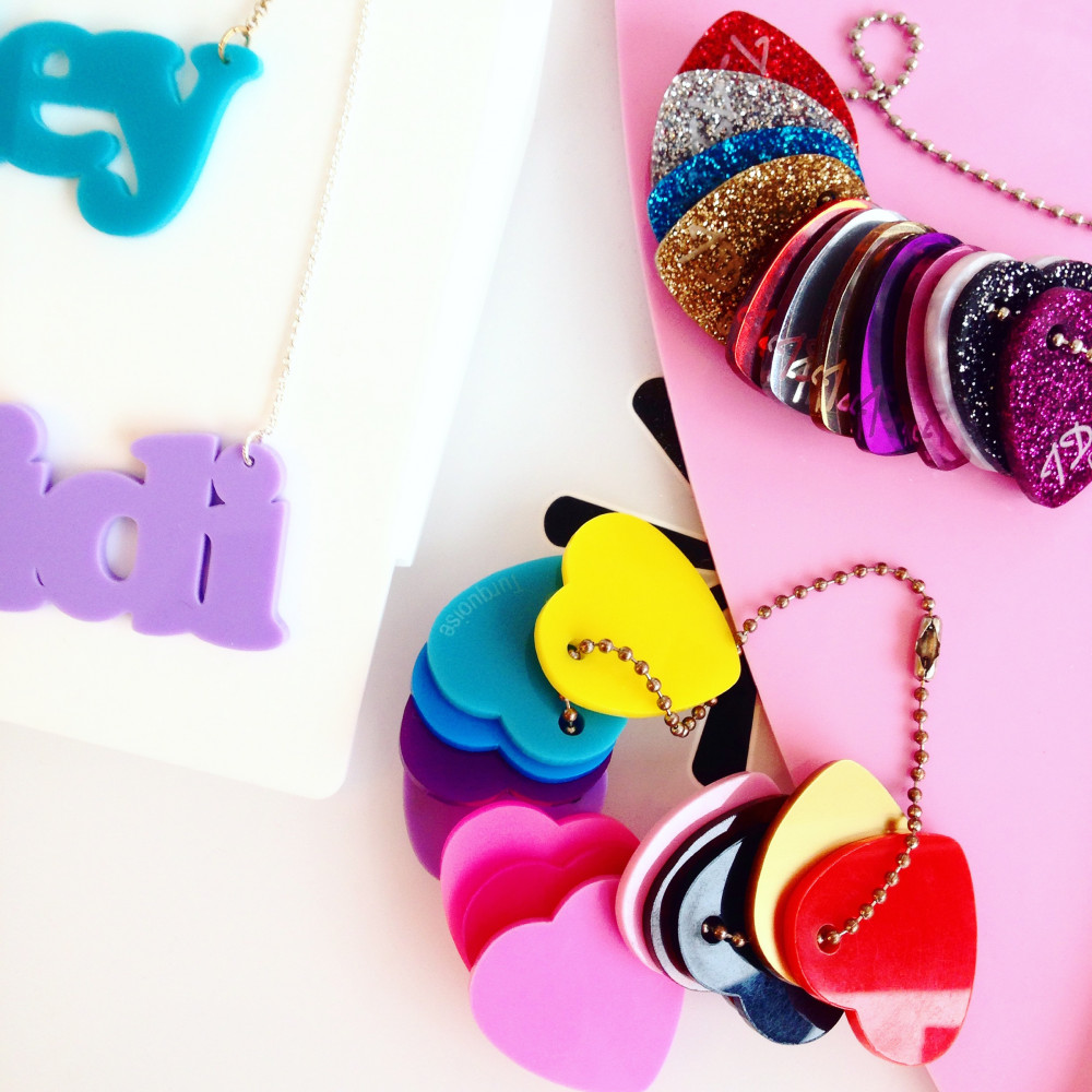 Personalised Name Necklaces handmade on the spot: take your choice from over 30 shades of laser cut acrylic.
