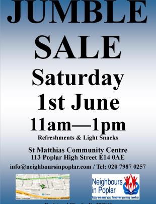 Jumble Sale Saturday 1st June Poplar E14 image