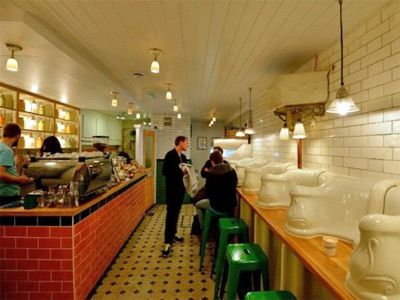 Drink coffee in a beautiful old toilet image