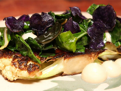 Cauliflower steak, puree and leaves