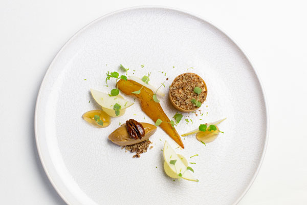 Pear, smoked pecan, maple syrup