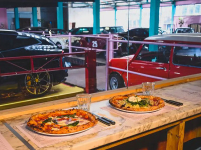 Order pizza in a car showroom image