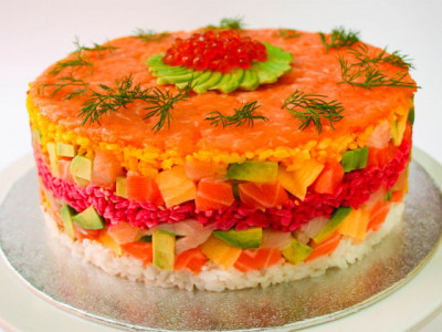 Try a cake made out of sushi  image